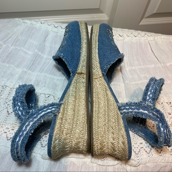 MONTEGO Bay Club Distressed Embroidered Floral Jeans Wedge Ankle Espadrilles 6.5 - Picture 6 of 12